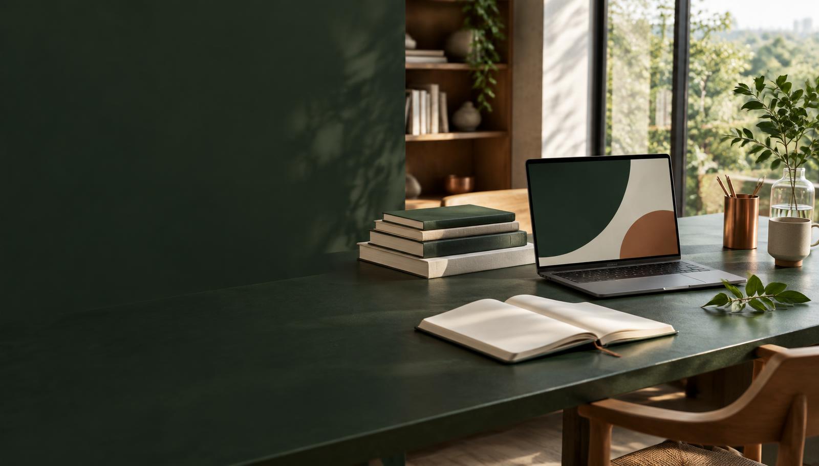 Espaço de trabalho com livros, caderno e computador, representando conhecimento e soluções digitais